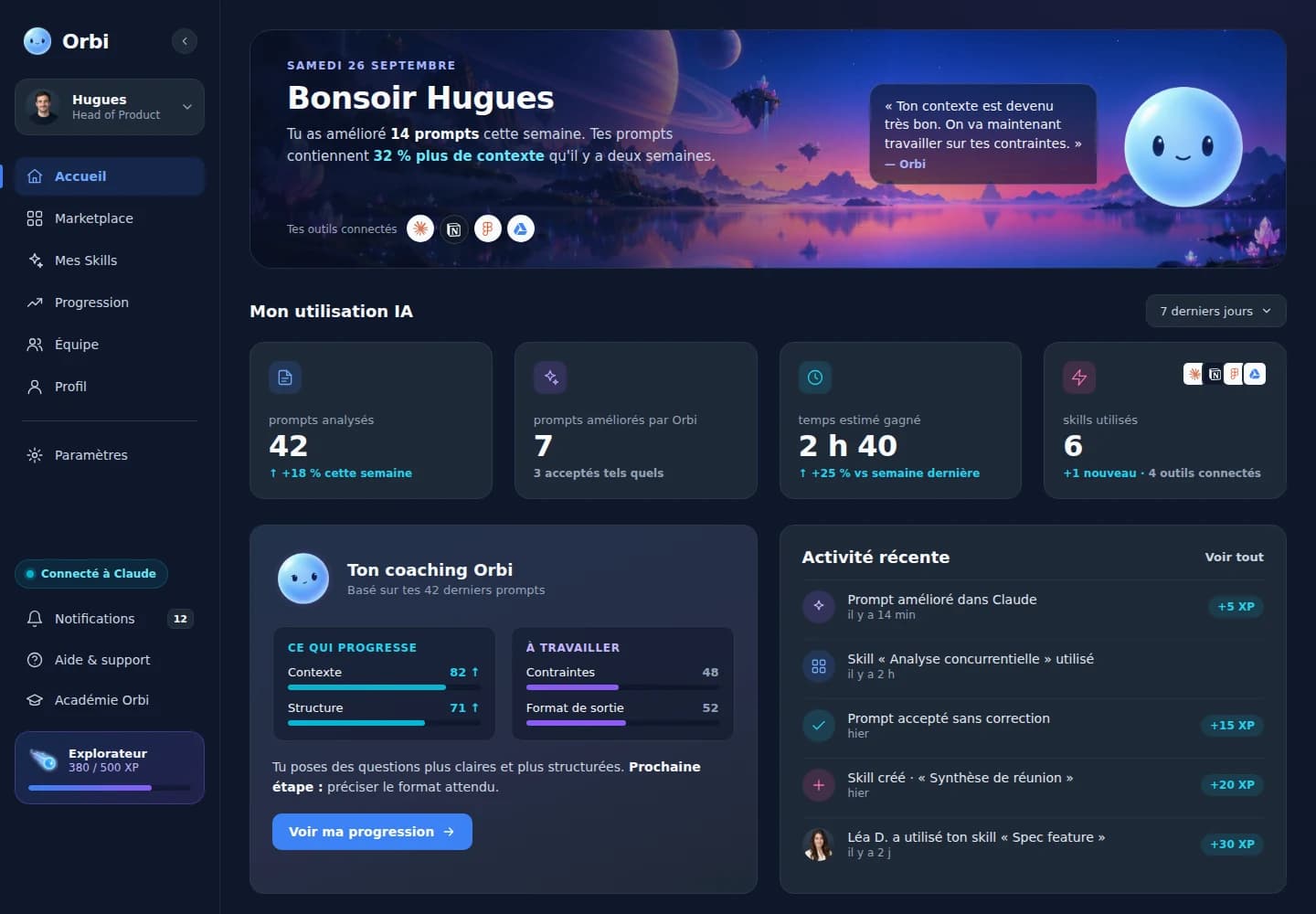 Tableau de bord Orbi : accueil, utilisation de l'IA, coaching et activité