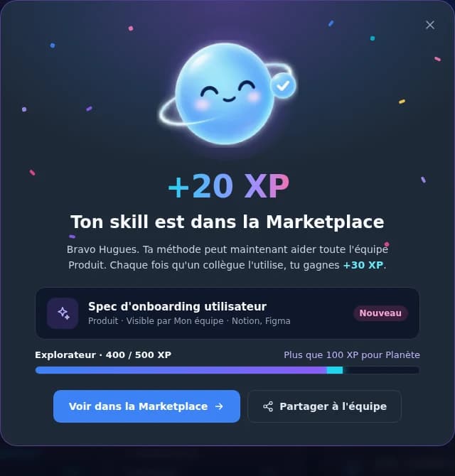 Célébration : skill publié dans la Marketplace, +20 XP